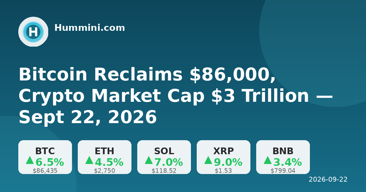 Bitcoin Reclaims $86,000, Crypto Market Cap $3 Trillion — Sept 22, 2026