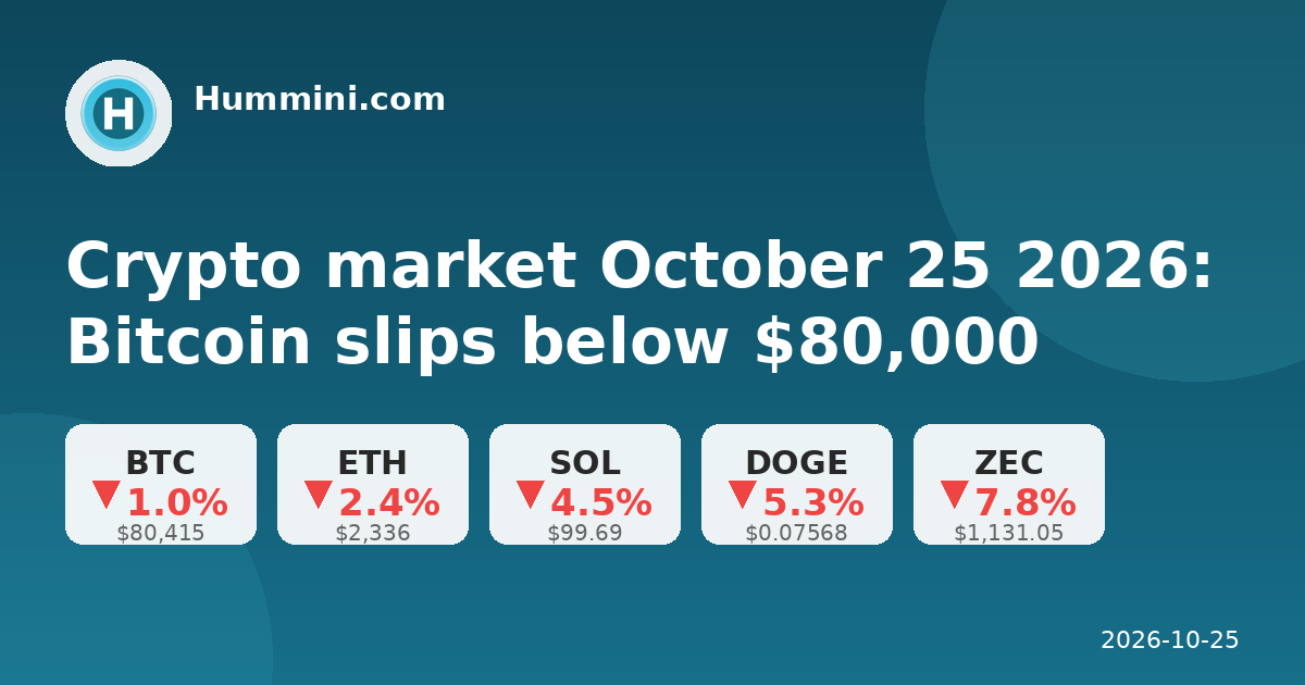 Crypto market October 25 2026: Bitcoin slips below $80,000