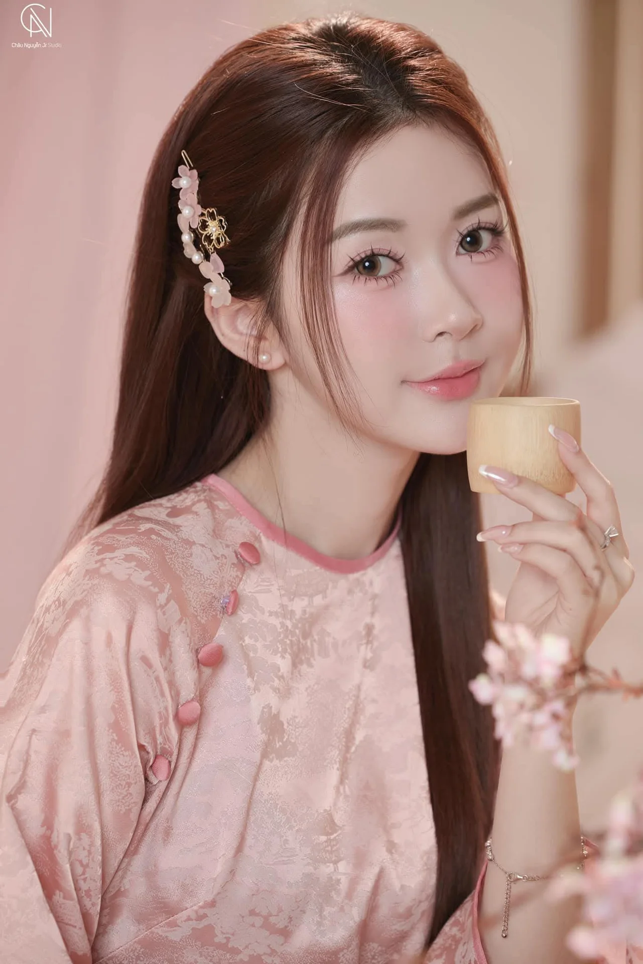 Graceful Muse in Pastel Pink Traditional Silk