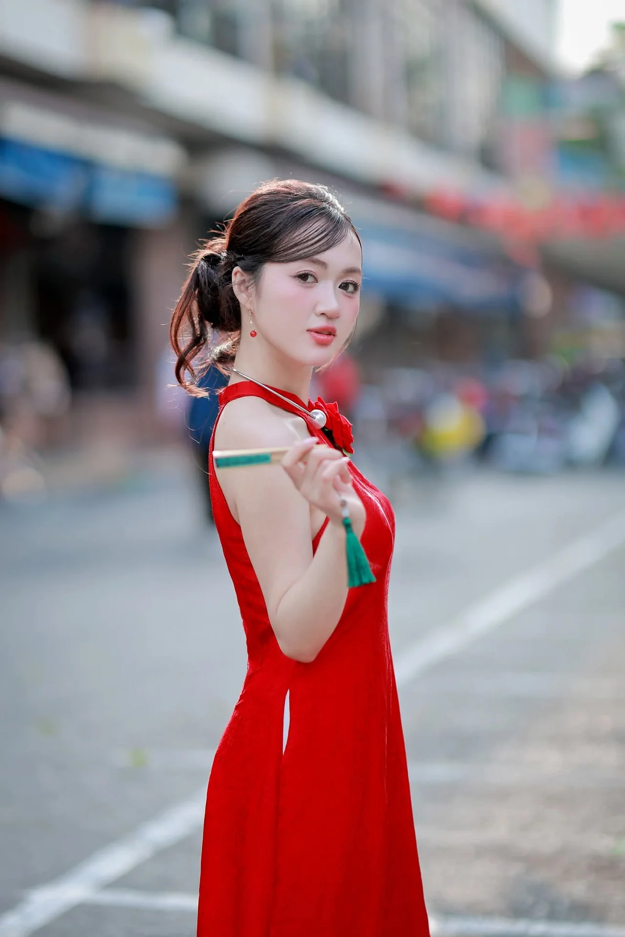 Asian Beauty: Graceful Woman in Traditional Red Dress, Radiant Charm