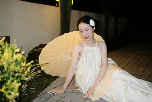 Ethereal Beauty: Woman in White Dress with Elegant Paper Umbrella at Night - image 5