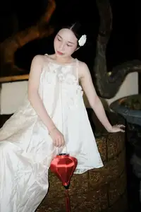 Ethereal Beauty: Woman in White Dress with Elegant Paper Umbrella at Night - image 2