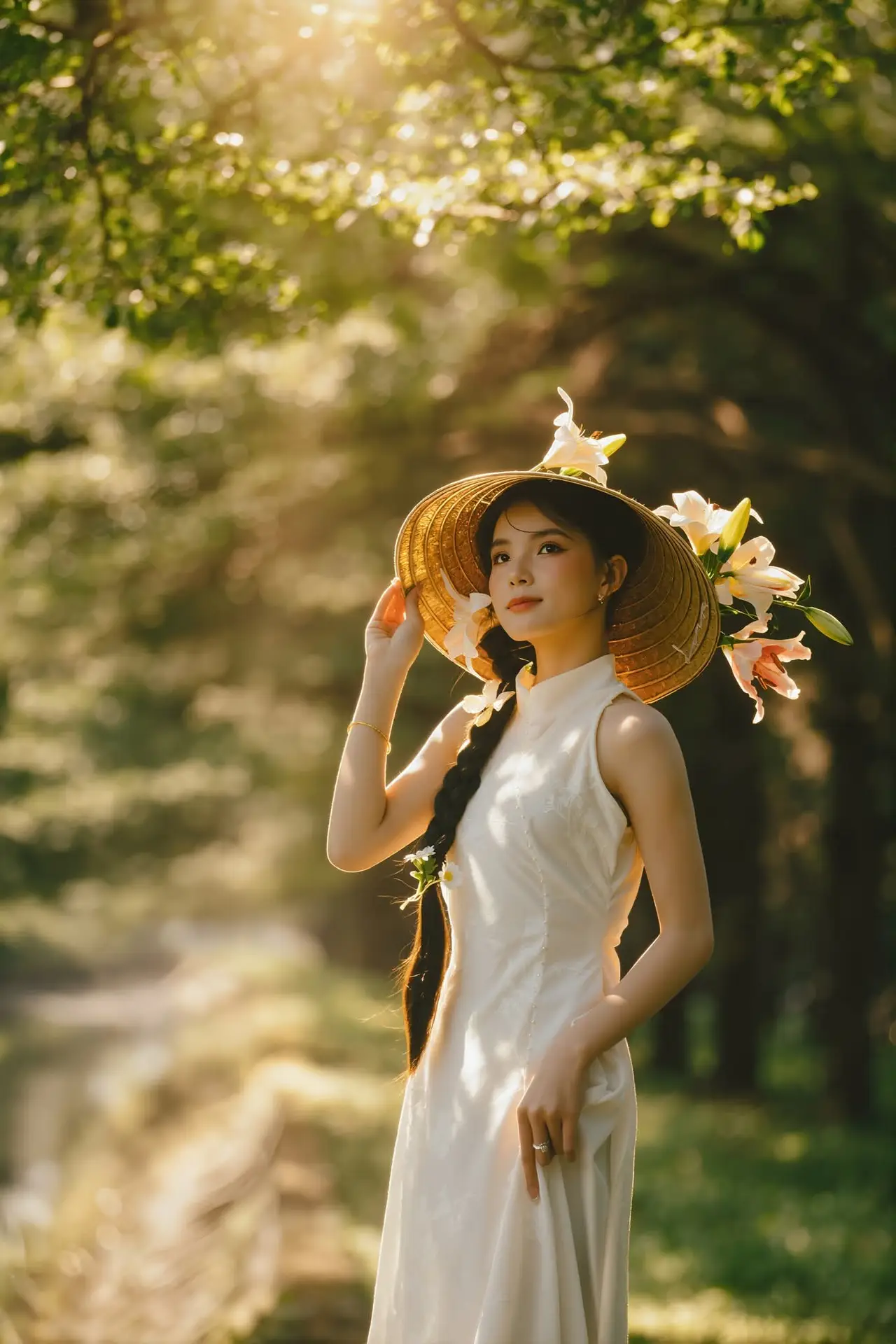 Serene Vietnamese Beauty in White Ao Dai with Lilies: A Golden Hour Portrait 1000025192