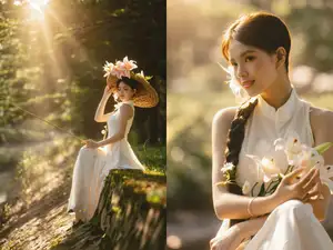 Serene Vietnamese Beauty in White Ao Dai with Lilies: A Golden Hour Portrait 1000025192 - image 6