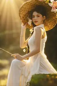 Serene Vietnamese Beauty in White Ao Dai with Lilies: A Golden Hour Portrait 1000025192 - image 4