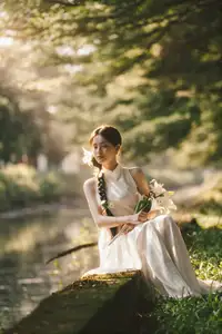 Serene Vietnamese Beauty in White Ao Dai with Lilies: A Golden Hour Portrait 1000025192 - image 5