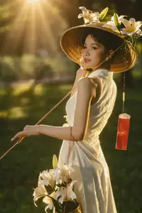 Serene Vietnamese Beauty in White Ao Dai with Lilies: A Golden Hour Portrait 1000025192 - image 1