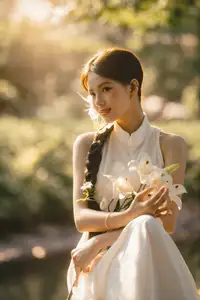 Serene Vietnamese Beauty in White Ao Dai with Lilies: A Golden Hour Portrait 1000025192 - image 9