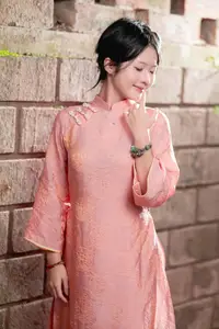Graceful Asian Young Woman in Traditional Pink Attire: Timeless Beauty by an Ancient Wall - image 5
