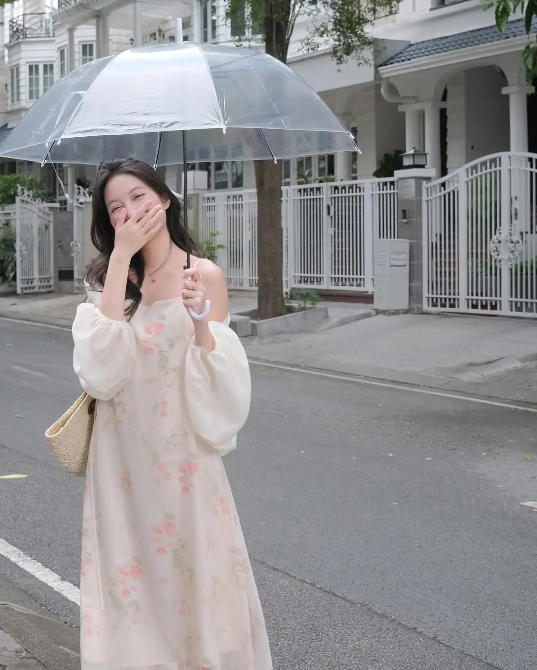 Girl in Floral Off-Shoulder Dress, Clear Umbrella: Fresh Summer Street Style