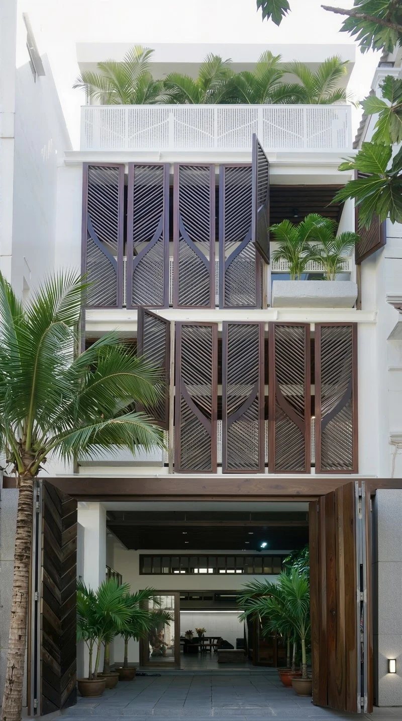 Modern Eco-Friendly Home Design Inspired by Tropical Coconut Leaves in Ho Chi Minh City: A Sustainable Architectural Masterpiece with Split-Level Living