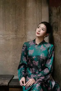 Elegant Asian Beauty: Serene Woman in Modernized Traditional Dress with Vintage Floral Vase - image 12