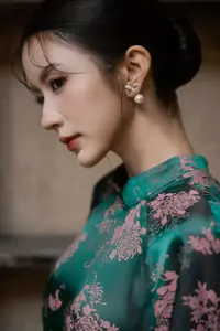 Elegant Asian Beauty: Serene Woman in Modernized Traditional Dress with Vintage Floral Vase - image 11