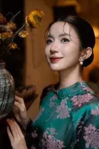Elegant Asian Beauty: Serene Woman in Modernized Traditional Dress with Vintage Floral Vase - image 10