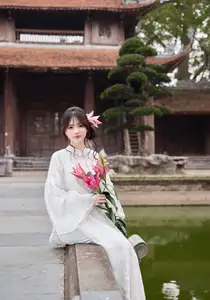 Elegant White Ao Dai with Pink Lotus Flower Embracing Cultural Heritage - image 13