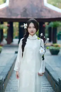 Pure Charm: White-Dressed Girl Winking Playfully with White Flowers 1000024585 - image 0