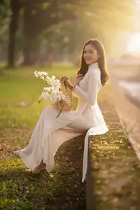 Serene Vietnamese Beauty in White Ao Dai Bathed in Golden Sunset Light - image 2