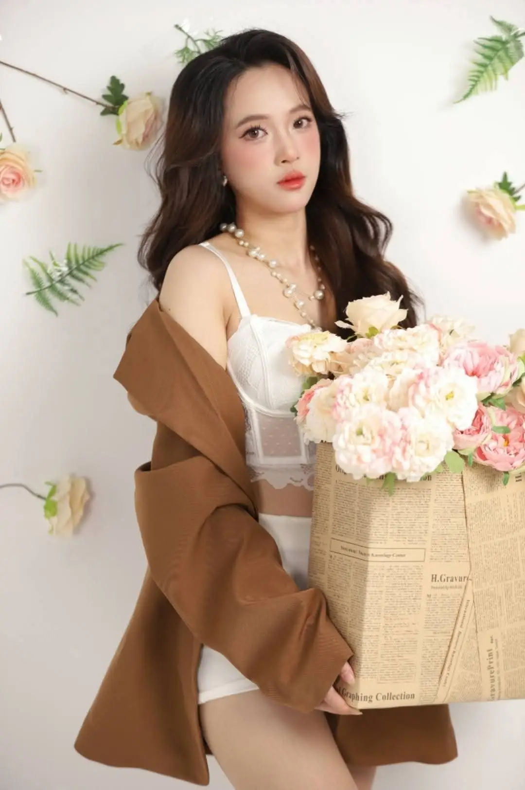 VGU No.177: Elegant Muse: Alluring Beauty in Brown Blazer & White Lace Amidst a Dreamy Floral Setting