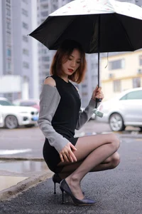 Xiaoliu in the Rain: Atmospheric IESS Photography Showcasing Elegant Black Silk Hosiery in a Moody Urban Setting - image 1