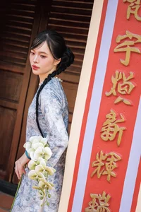 Timeless Grace in Blue Floral Ao Dai and Ancient Architecture - image 7