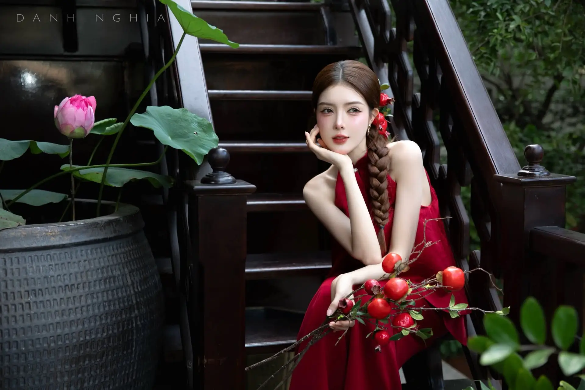 Captivating Asian Girl in Red: Serene Lotus & Rustic Wooden Stairs Scene