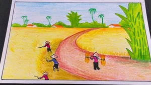 Beautiful and Simple Autumn Harvest Drawings of Golden Rice and Fruits - image 1