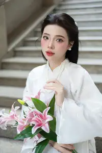 Serene Vietnamese Beauty: A Gentle Muse in White with Pink Lilies - image 2