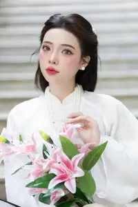 Serene Vietnamese Beauty: A Gentle Muse in White with Pink Lilies - image 6