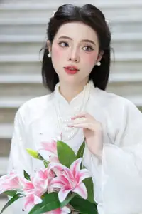 Serene Vietnamese Beauty: A Gentle Muse in White with Pink Lilies - image 4