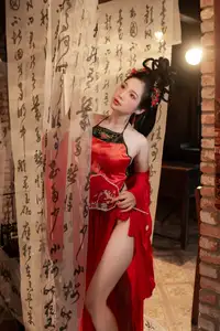 Alluring Asian Beauty with Pipa: Elegant in Traditional Red Attire - image 5
