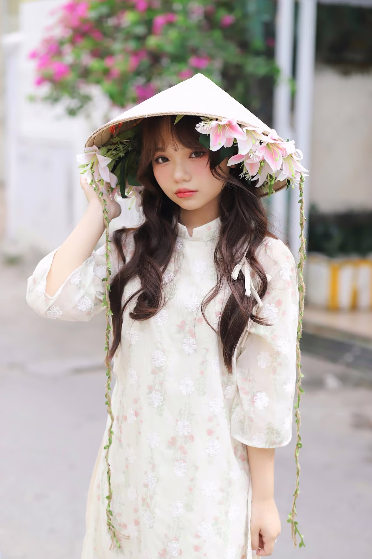 VGU No.143: Discover the Ethereal Beauty of a Vietnamese Girl in Ao Dai and Floral Conical Hat