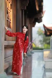 Elegant Red Ao Dai: Vietnamese Beauty with Cherry Blossoms in Ancient Architecture - image 3