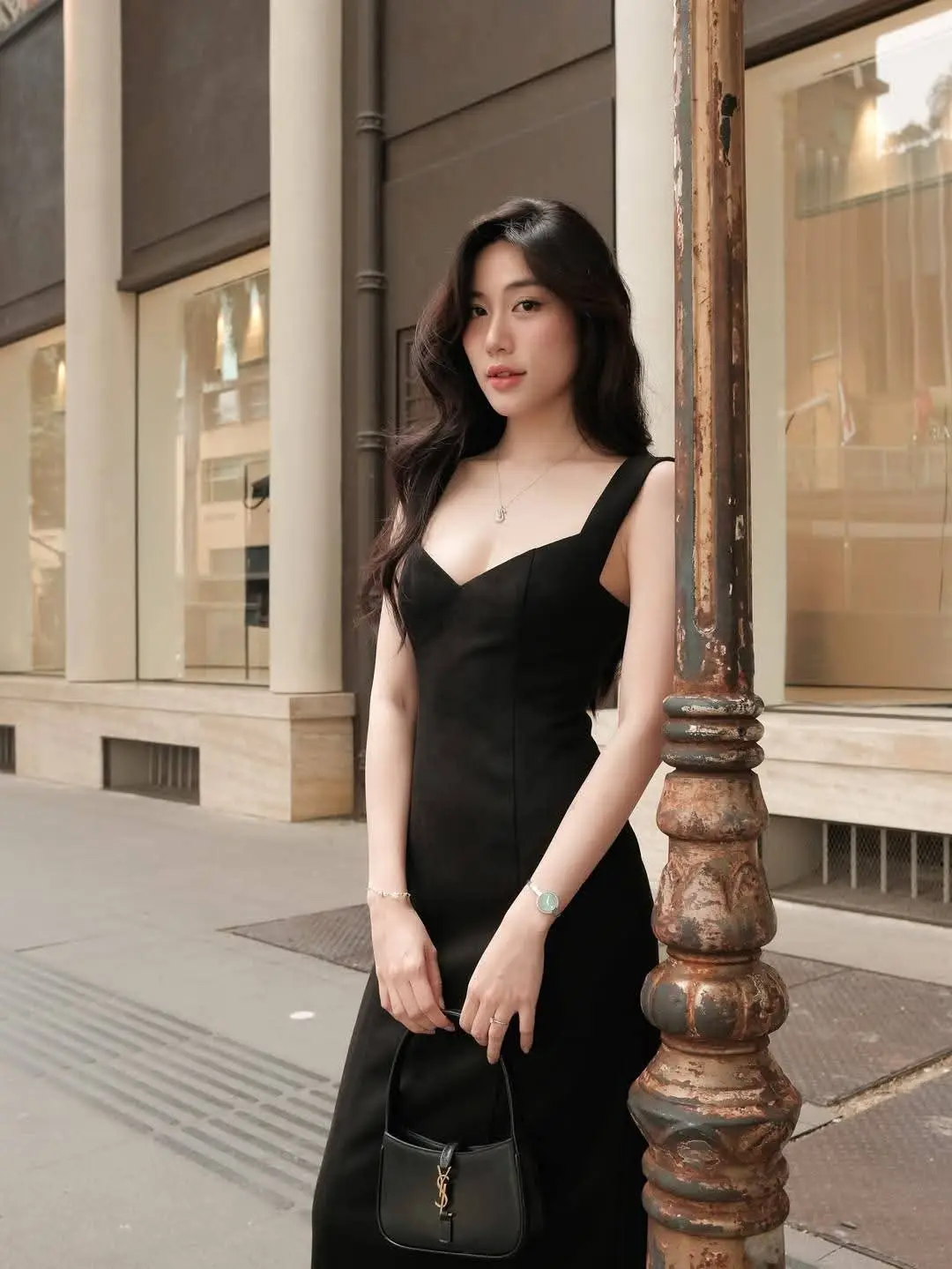 Elegant Black Dress: Modern Muse Captivating All Eyes on the Street