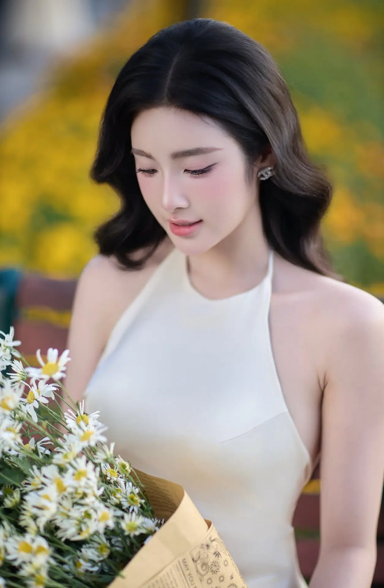Elegant Muse in Silk Dress Amidst Blooming Garden: Captivating Asian Beauty 1000025196