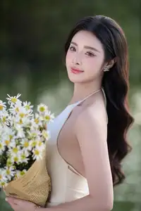 Elegant Muse in Silk Dress Amidst Blooming Garden: Captivating Asian Beauty 1000025196 - image 4