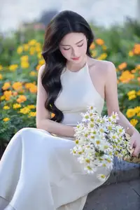 Elegant Muse in Silk Dress Amidst Blooming Garden: Captivating Asian Beauty 1000025196 - image 2