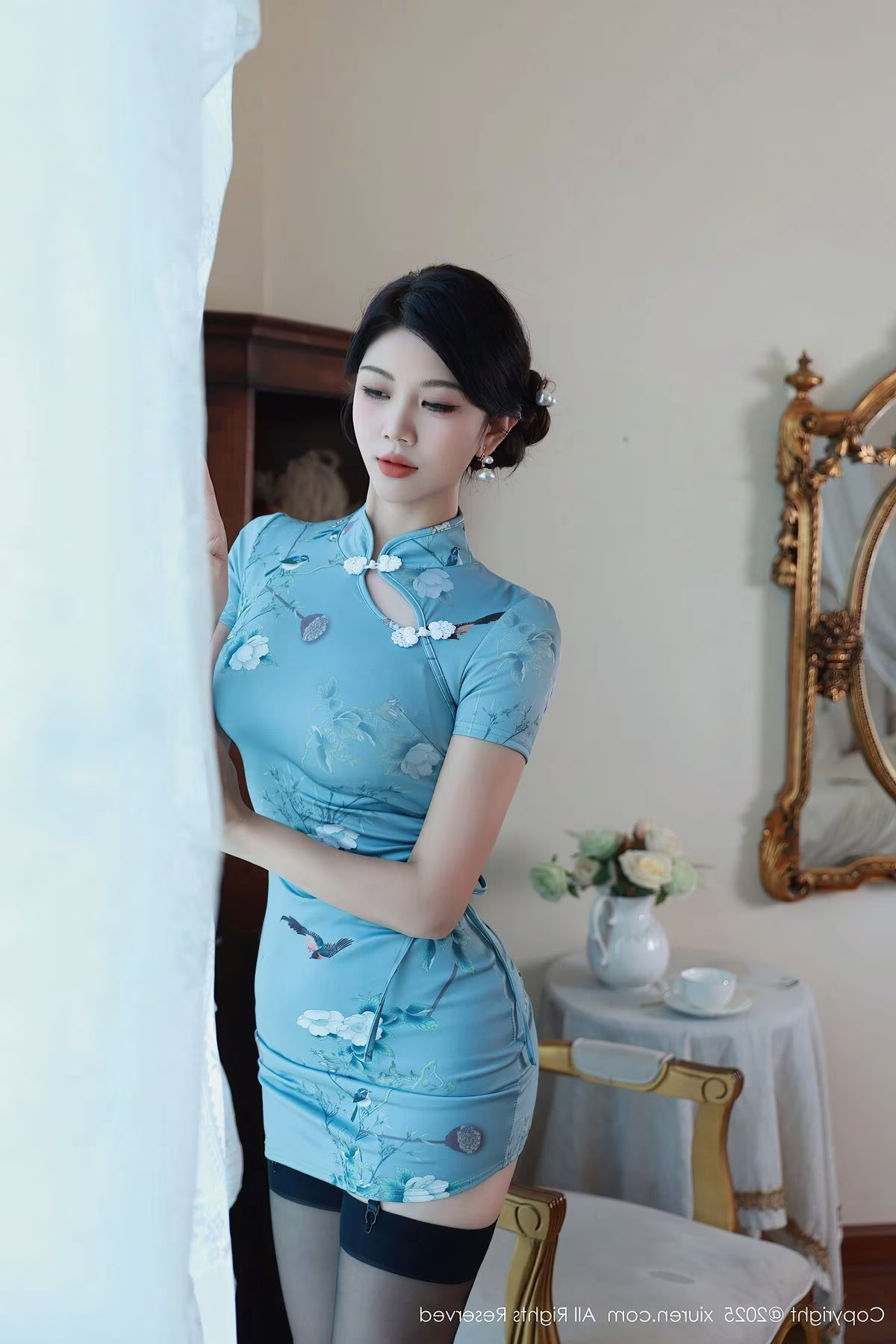 XiuRen No.10753: Mei Gui Wo Ai Ni – Graceful in Blue Cheongsam, Captivating Asian Beauty