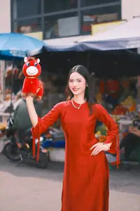 Vietnamese Girl's Bright Smile with Lucky Plush Horses in a Traditional Market. - image 6