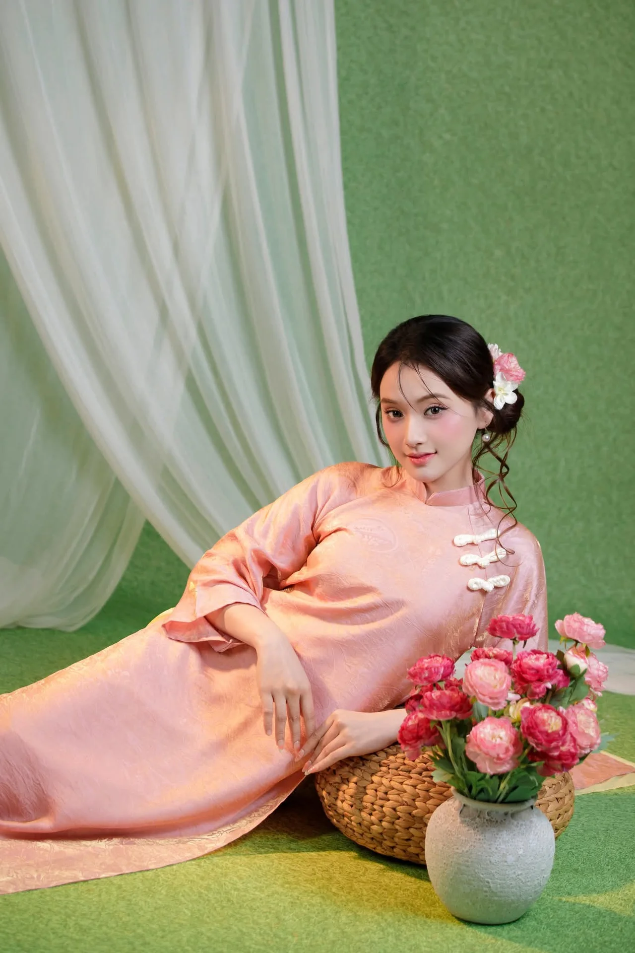 Elegant Muse in Pastel Pink Traditional Attire