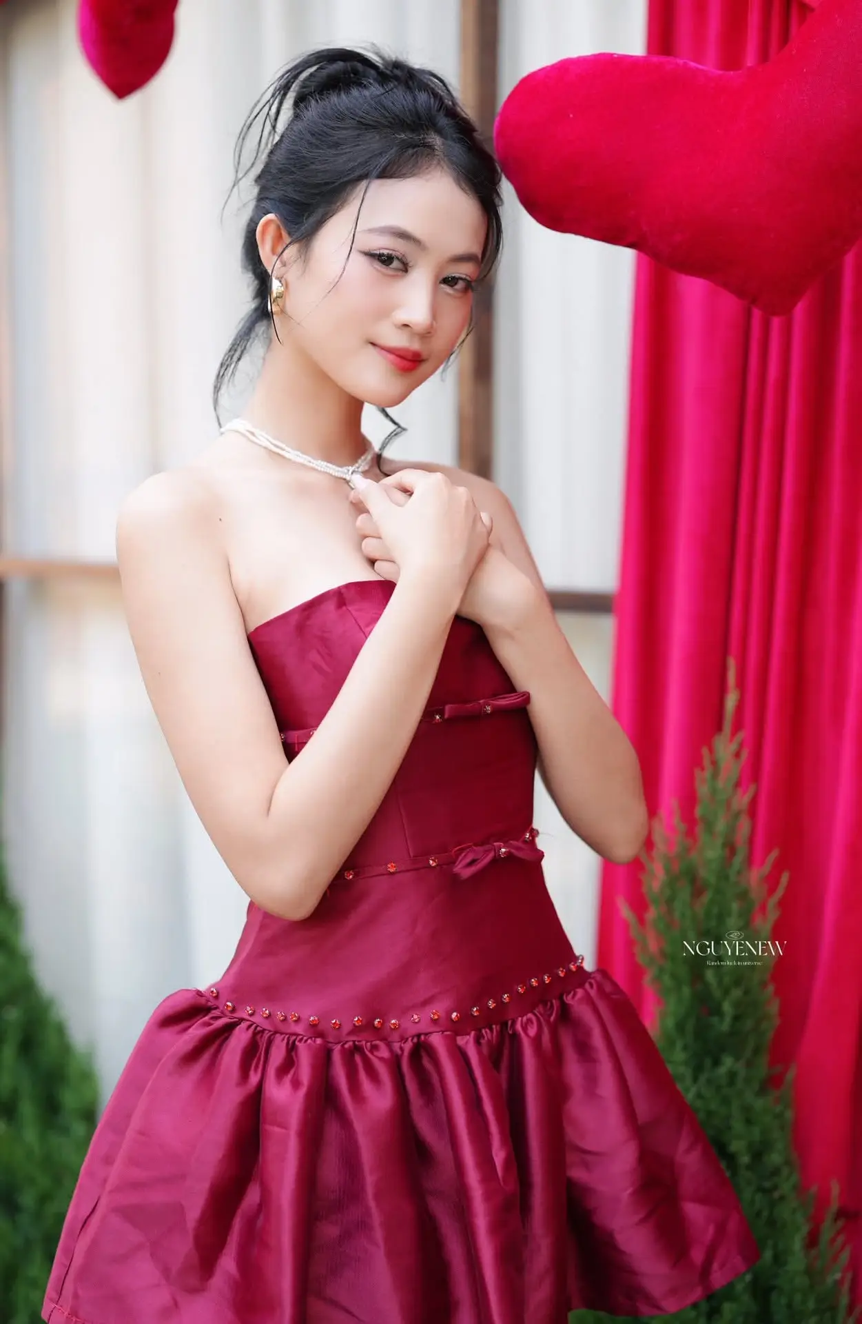 VGU No.187: Charming Woman in Red Dress Shines with Elegant Christmas Style. Discover Festive Fashion & Holiday Grace!