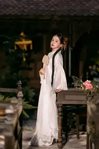 Enchanting Vietnamese Beauty A Girl with Long Braids in Traditional Attire on a Magical Night - image 0