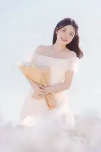 Ethereal Beauty: Young Woman in White Dress with Bouquet Amidst Dreamy Clouds - image 8