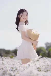 Ethereal Beauty: Young Woman in White Dress with Bouquet Amidst Dreamy Clouds - image 7