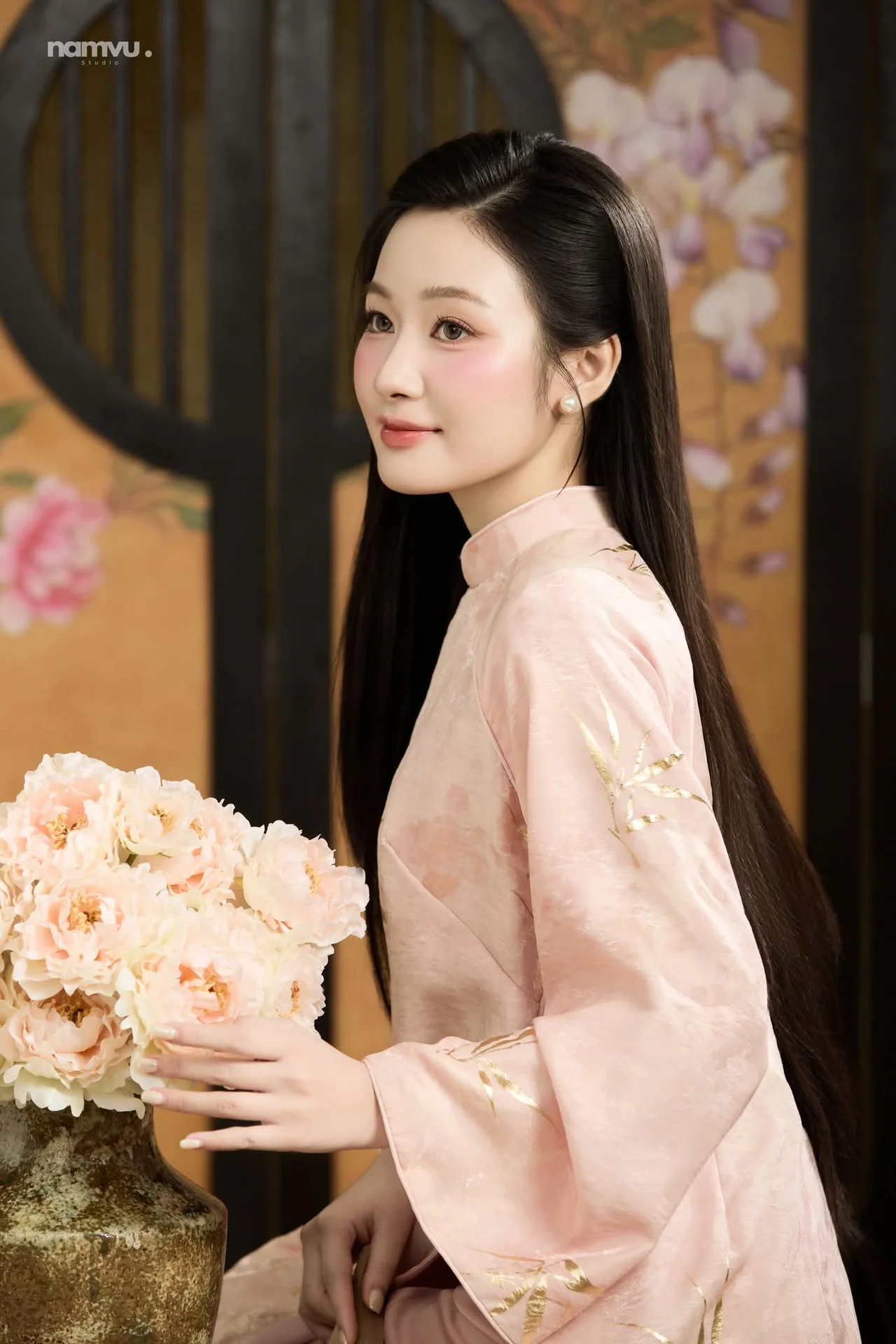Radiant Grace in Soft Pink Silk Ao Dai: A Poetic Indochine Muse