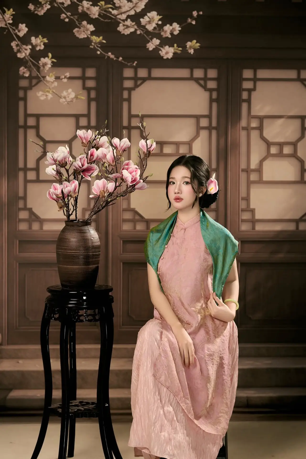 Discover Traditional Beauty: Elegant Lady Amidst Blossoms