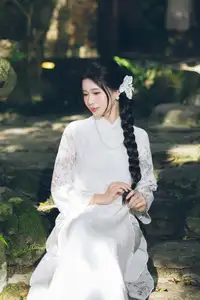 Charming Young Woman in White Lace & Orchids: Radiant Natural Beauty Amidst Greenery 1000026906 - image 11