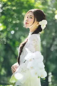 Charming Young Woman in White Lace & Orchids: Radiant Natural Beauty Amidst Greenery 1000026906 - image 10