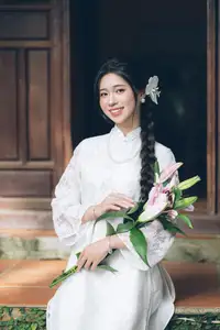 Charming Young Woman in White Lace & Orchids: Radiant Natural Beauty Amidst Greenery 1000026906 - image 5