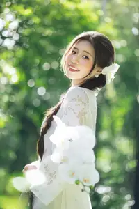 Charming Young Woman in White Lace & Orchids: Radiant Natural Beauty Amidst Greenery 1000026906 - image 8